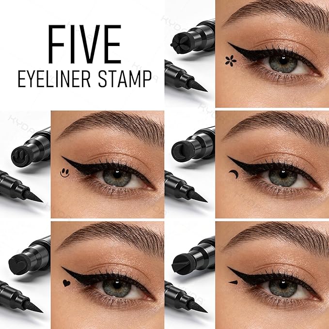 Ownest 5Pcs Eyeliner Stamp, Double-End Liquid Eyeliner Stamp Pen, Waterproof Eye Liner Pencil Set, Face Tattoo Makeup-Triangle+Smiley+Flower+Moon+Heart
