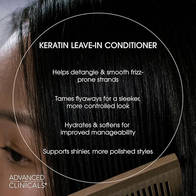 Advanced Clinicals Keratin Detangler Spray. Detangling Hair Spray for Strong, Shiny Hair. Lightweight, Leave-in Conditioner with Amino Acids, Vitamin B5, Olive Oil Softens and Nourishes Hair, 8 Fl Oz