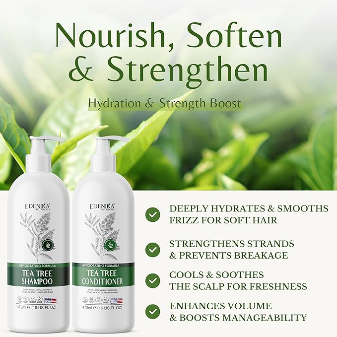 EDENIKA BOTANICALS Tea Tree Oil Shampoo and Conditioner Set, Deep Cleansing for Buildup & Oily Scalp, Soothes Itchy Scalp & Refreshes Hair, Sulfate Free, Women & Men, 16 fl oz Each