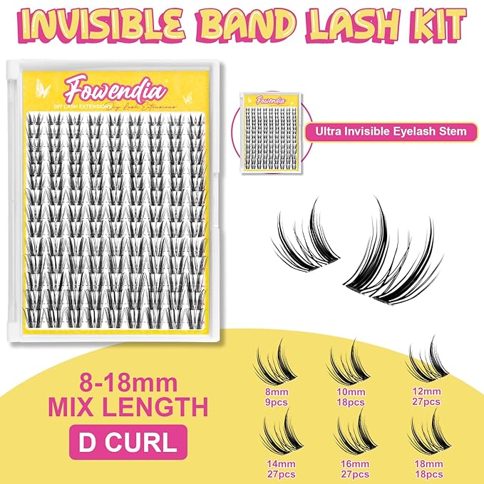 Fowendia Wispy Lash Clusters Freya 8-18mm Spike Eyelash Clusters D Curly DIY Lash Extension Spikes 0.03mm -Invisible Band Natural Individual Cluster Eyelashes