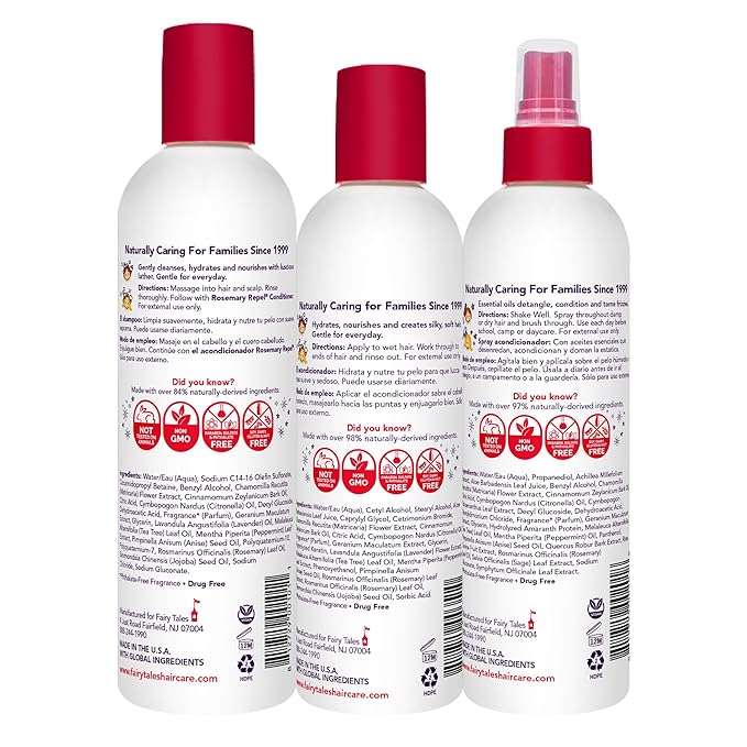 Fairy Tales Rosemary Repel Daily Kids Shampoo, 12 fl oz., Conditioner, 8 fl oz. & Conditioning Spray, 8 fl oz. Star Trio– Kids Like the Smell, Lice Do Not