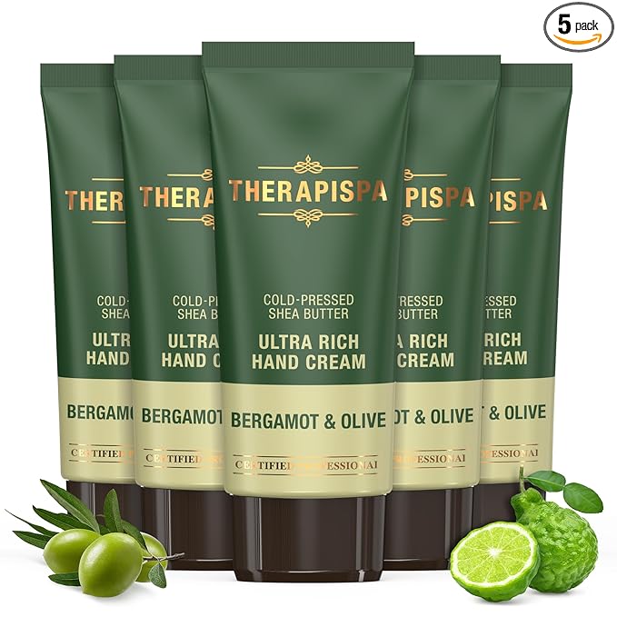 THERAPISPA Ultra Rich Hand Cream – Intensive Hydration & Repair for Dry, Chapped Hands | Enriched with Shea Butter, Ceramides, Niacinamide (B3) & Panthenol (B5) (Bergamot & Olive, 2.0 oz, Pack of 5)