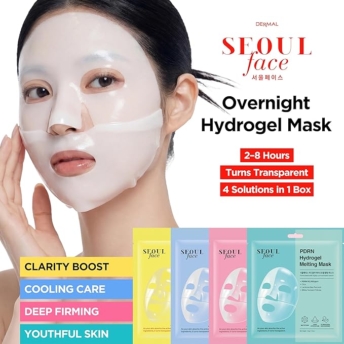 DERMAL Hydrogel Melting Mask Variety Pack 4 Sheets - Korean Overnight Face Mask Set with Collagen, Hyaluronic, PDRN, Vitamin - Glass Skin Jelly Gel for All Skin Concerns - K-Beauty Ritual