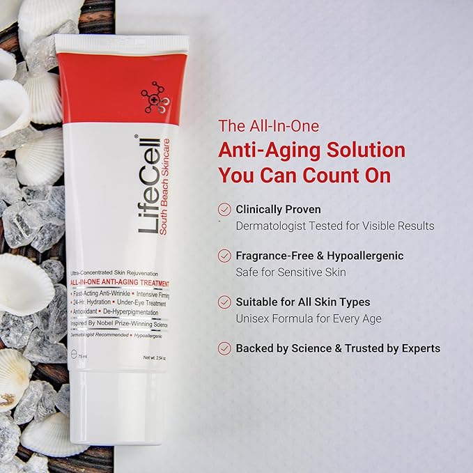 LifeCell All In One Anti-Aging Cream – Reduces Wrinkles, Fine Lines, Dark Circles & Sun Damage – Retinol, Vitamin C, DMAE & Hyaluronic Acid – Fragrance-Free, for All Skin Types (2.54oz)