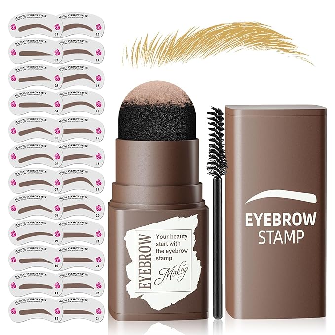Eyebrow Stamp Stencil Kit - Eyebrow Powder with Brush Long-Lasting & Waterproof Brow Shaping Kit with 24 Reusable Thin & Thick Eyebrow Stencils for Natural Eyebrow Color, Gifts for Mom (Blonde)