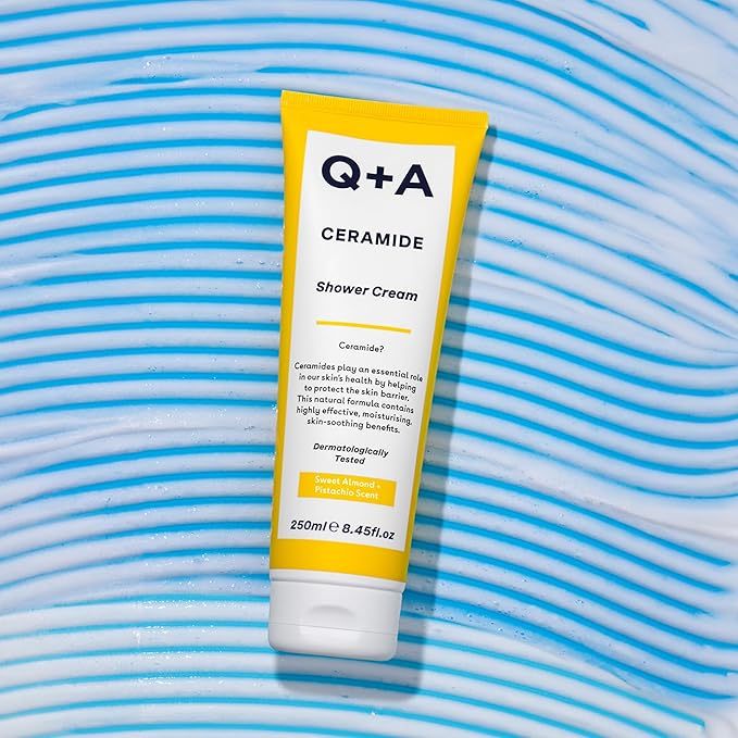 Q+A Ceramide Shower Cream, provides a gentle cleanse, deeply nourishing the skin with a rich and creamy formula of Squalane, Jojoba Seed Oil, and a sustainable Ceramide Extract from pineapples, 250ml