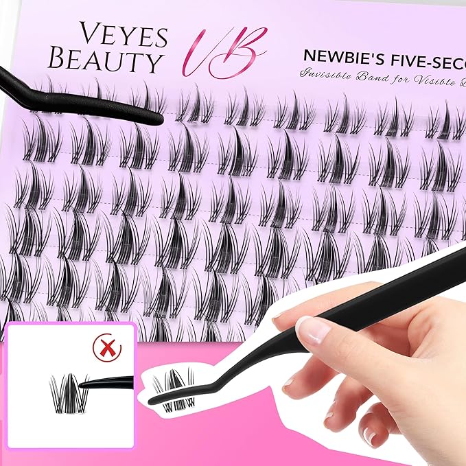 VEYESBEAUTY Manga Lash Clusters Kit Eyelash Extensions Thin & Invisible Band DIY Individual False Eyelashes Newbie's Five-Second Series Wispy Lash Tray Kit, with Bond&Seal Remover Applicator
