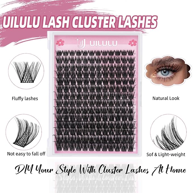 Uilulu Lash Clusters D Curl Individual Lashes 0.07D 8-18 MIX 168 Eyelashes Clusters Lashes DIY Lash Extensions at Home False Lashes Wide Band Wispy Eye Lash Clusters(04, 8-18mix)