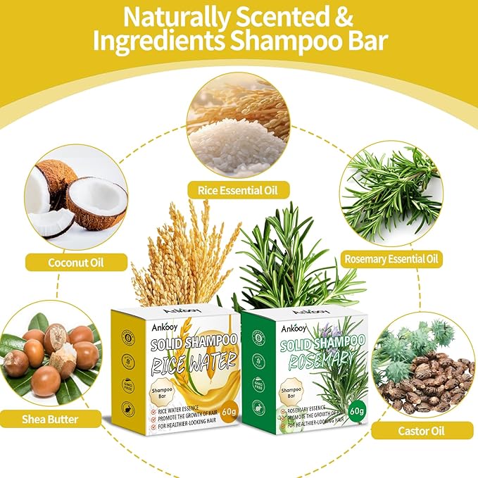 2 Pack Solid Shampoo Bar Rosemary Oil for Hair Growth,Deep Cleansing Rice Water Shampoo Bar Organic Protein &Vitamins for Damage Hair,Anti Hair Loss,Strengthening & Volumizing Hair,Travel Size Shampoo