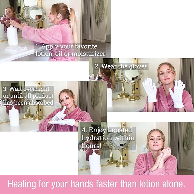 Eurow Moisturizing Gloves for Dry Cracked Hands, Overnight Healing Cotton Gloves Lock in Lotion for Eczema, Psoriasis, Skincare Relief, Reusable Unisex Fit, 2 Pairs, White (Pack of 2)