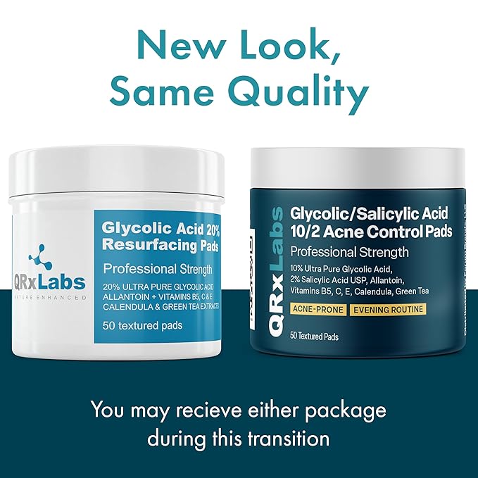 QRxLabs Glycolic/Salicylic Acid 10/2 Acne Control Pads with 10% Ultra Pure Glycolic + 2% Salicylic Acid, Allantoin, Vitamins B5, C & E, Calendula Green Tea - Most Effective Treatment Clear Skin - 2PK