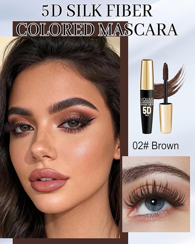 Brown Waterproof Mascara, 5D Silk Fiber, Lengthening Volumizing, Colored Tube Máscara for Eyelash, Long Lasting Curling Mascara Volume and Length, Eye Mascaras Makeup for Women with Eyelash Brush