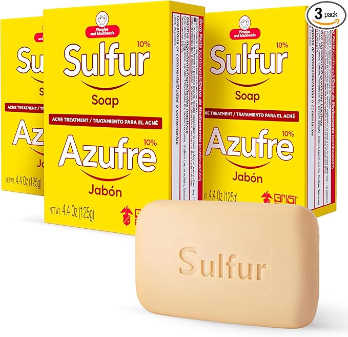 Biosulfur Grisi Acne Treatment Soap: Deep Cleansing, Acne-Fighting, Reduces Inflammation, Prevents Breakouts, Blackheads, Excess Oil, Sulfur Soap Bar, 4.4 oz, 3-Pack