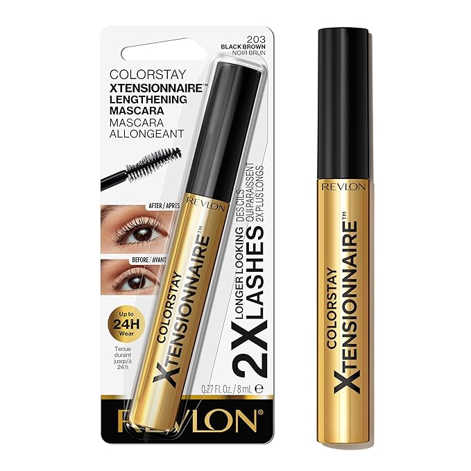 Revlon ColorStay Xtensionnaire Lengthening Lash Serum and Mascara In One, Tapered Brush for 2X Longer Looking Eyelashes, Infused with Pro Vitamin B5, Smudge-Proof, 203 Black Brown