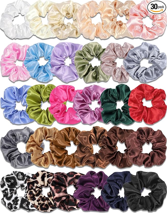 Satin Scrunchies for Women,Silk Hair Ties Fashion Soft Ties and Bands,Elastic Ponytail Holders No Damage Hair Accessories Thick Hair Styling for Girls - 30 Pcs