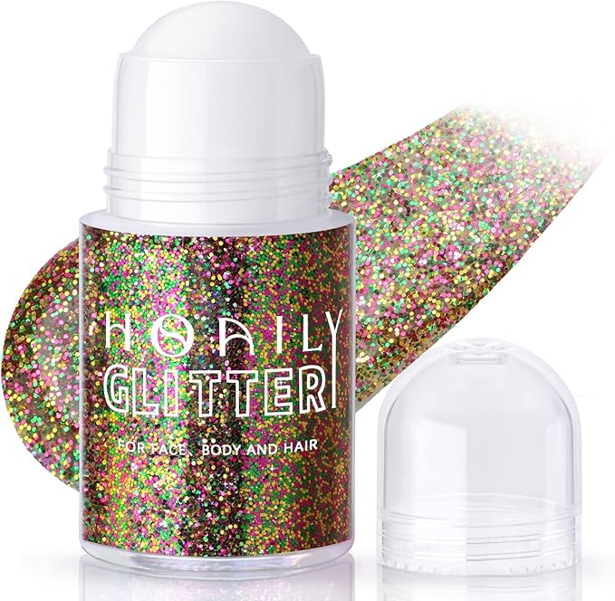 HOSAILY Roll-on Gold Green Purple Body Glitter Gel for Face Hair, Mardi Gras Face Paint Glitter Mermaid Makeup, Sparkling Chunky Sequins Festival Carnival St Patricks Day Party Rave Accessories