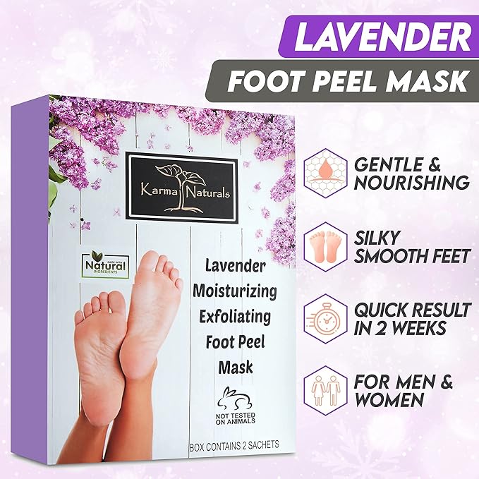Foot Peel Mask Lavender Moisturizing Exfoliating Foot Masks - Karma Organic Feet Peeling Masks for Dry ed Feet, Remove Dead Skin & Calluses - Removes & Repairs Rough Heels, Dry Toe Skin (Pack of 2)
