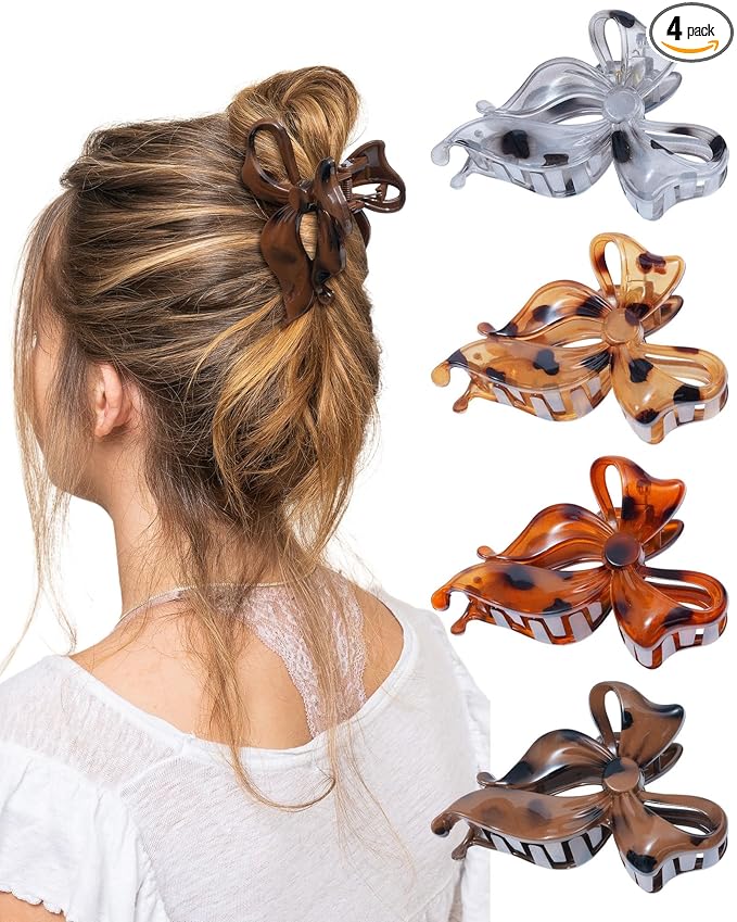 4 PCS Bow Hair Clips Bow Claw Clip for Women, Large Hair Claw Clips for Thin Thick Hair (Leopard(Deep coffee+light yellow+orange+light gray))