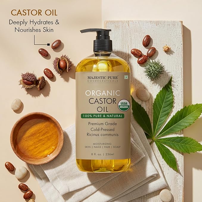 Majestic Pure Oil - 100% Pure and Natural- Cold Pressed & Hexane Free Natural Hair Growth Oil for Eyelashes, Eyebrows, Skin, Body, Face, Nails & Scalp - Organic Castor Oil 8 Fl Oz with Reusable Wraps