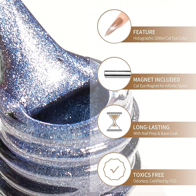 MAYCHAO 15ML Cat Eye Gel Nail Polish 1Pc Blue Shimmer Nail Polish with Magnet Soak off Holographic Magnetic Gel Polish for Nail Art Manicure Salon DIY at Home, 0.5 OZ