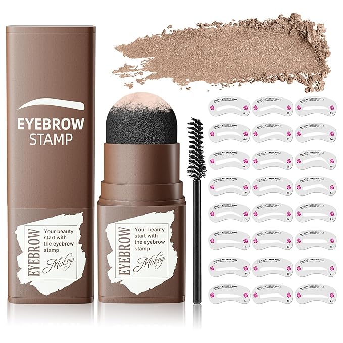 Eyebrow Stamp & Eyebrow Stencil Kit, Eye Brow Stencil Kits with Eyebrow Brush, Long-Lasting Waterproof & Smudge-Proof Eyebrow Shaping Kit with 24PCS Thin & Thick Eyebrow Stencils (Light Brown)