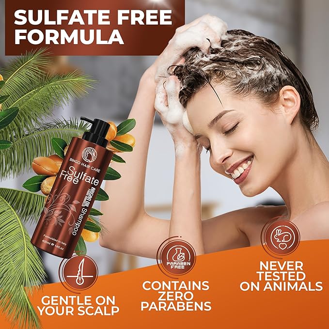 BINGO HAIR CARE Moroccan Argan Oil Shampoo - Sulfate Free, Anti Frizz Hydrating Thickening Care for Women and Men - Deep Moisturizing Treatment for Color Treated, Curly, Frizzy, Damaged and Dry Hair