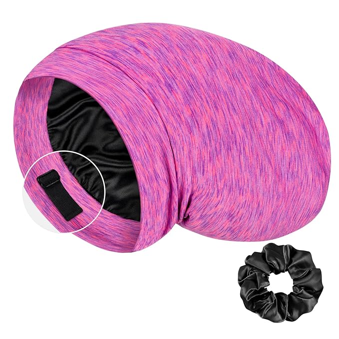 LULUSILK Mulberry Silk Bonnet for Sleeping Women, Real Silk Sleep Cap for Curly Hair and Braids, Pure Head Wrap with Scrunchies, Hot Pink