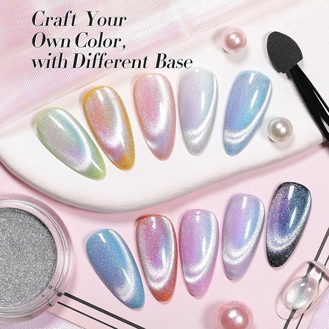 Born Pretty Cat Magnetic Eye Nail Powder Auroras Holographic Iridescent Nail Chrome Powder Chameleon Nail Powder Holographic Effect Glitter Pigment Dust for Nail Art Manicure DIY Design