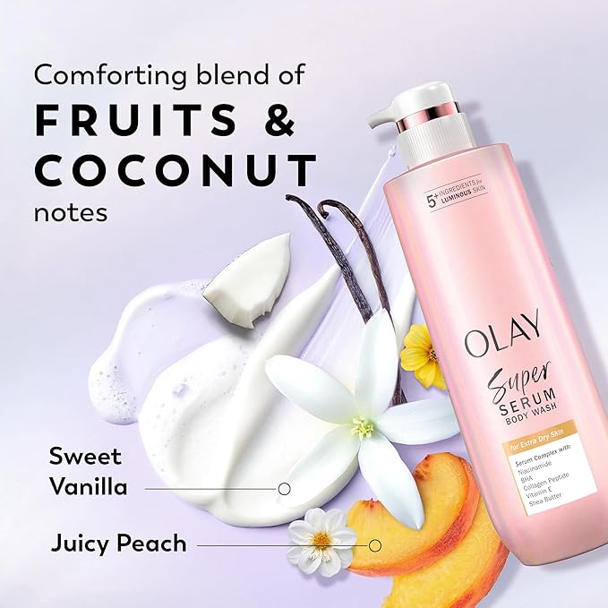 Olay Super Serum Body Wash for Extra Dry Skin, 24hr Long Lasting Rich Hydration, 5+ Ingredient Complex for Bright, Even, Firm, & Luminous Skin, with Collagen Peptide, Vitamin C & Shea Butter, 20 fl oz