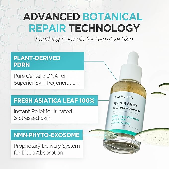 AMPLE:N Hyper Shot Cica PDRN Ampoule - Korean Face Serum for Sensitive, Acne Prone Skin - Calming, Barrier Repair with Centella Asiatica Niacinamide Plant DNA, Non-Comedogenic K-Beauty, 2.7 fl.oz.