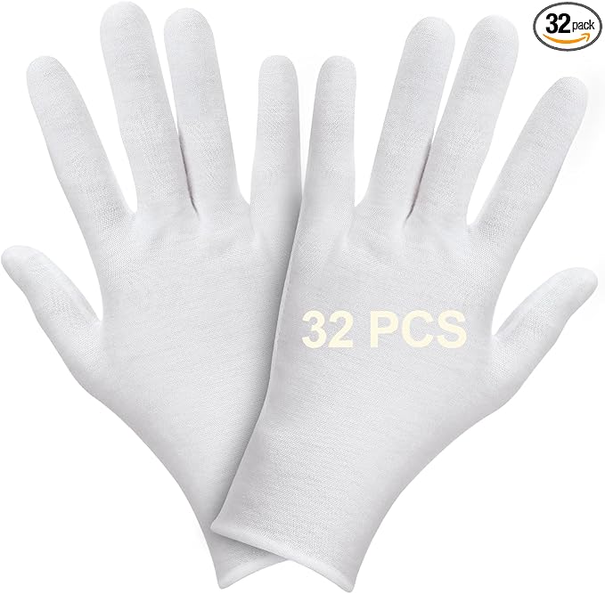 32PCS (16 Pairs) Thin White Gloves for Dry Hands Sleeping, Breathable White Glove with Elastic Cuff for Overnight Treatment, Eczema, Spa, Work, Inspection (One Size Fits Most)