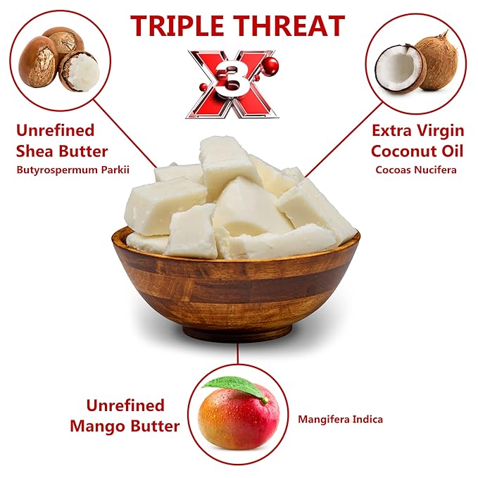 Plant Guru Triple Threat Body Butter 3 lbs. Bulk - Blend of Shea, Mango & Coconut Oil - 100% Pure Natural Raw Unrefined Moisturizer For Dry Skin, Face And Hair. Great For Lip Balm and Soap Making