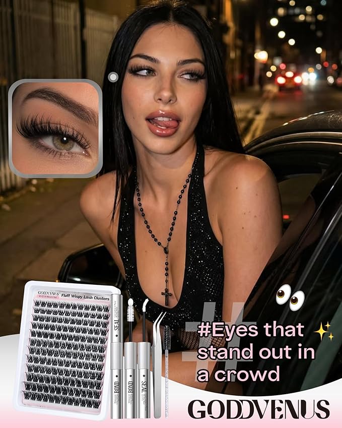 Goddvenus D Curl Fluffy Lash Clusters Kit – 144 PCS Thick Eyelashes Clusters, 10-18mm Wispy Lashes Clusters Natural Look, Waterproof Cluster Eyelash Extensions Kit for DIY False Eyelashes at Home