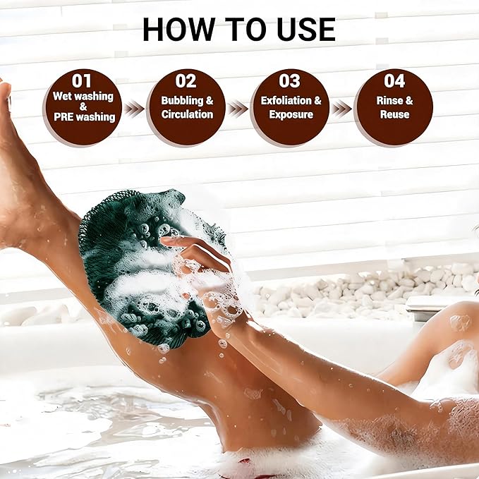 African Net Sponge Authentic for Exfoliating - Extra Knots for Deep Cleansing & Back Scrubbing - Body Scrubber Washcloth for Women & Men - Daily Shower Exfoliator for Smooth, Glowing Skin(Dark Green)