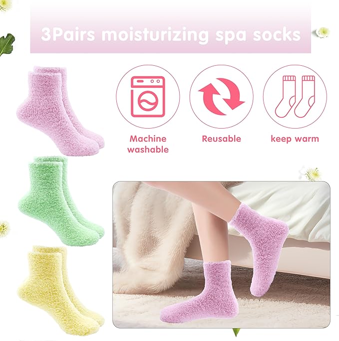 3 Pairs Aloe Moisturizing Socks for Dry Cracked Feet, Sleeping Fuzzy Non-Slip Lotion Socks for Women Men Spa, Foot Care for Repairing Softening Dry Cracked Heel