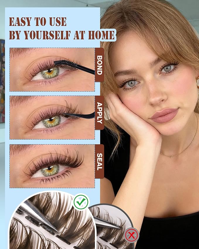 Zegaine Brown Lash Clusters Kit Dark Brown Lashes With Bottom Eyelash Clusters 300Pcs Natural Brown Lash Extensions Wispy Lash Clusters Kit With Lash Bond&Seal, Lash Tweezers 10-16MM