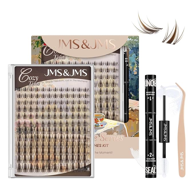 JMS&JMS Brown Fairy Lash Clusters Kit, Anime Manga Lash Extension Kit, Invisible Band Fairy Lashes, Wispy Natural Eyelash Clusters Kit with Bond and Seal and Applicators (Brown Fairy-C-8-18Mix)