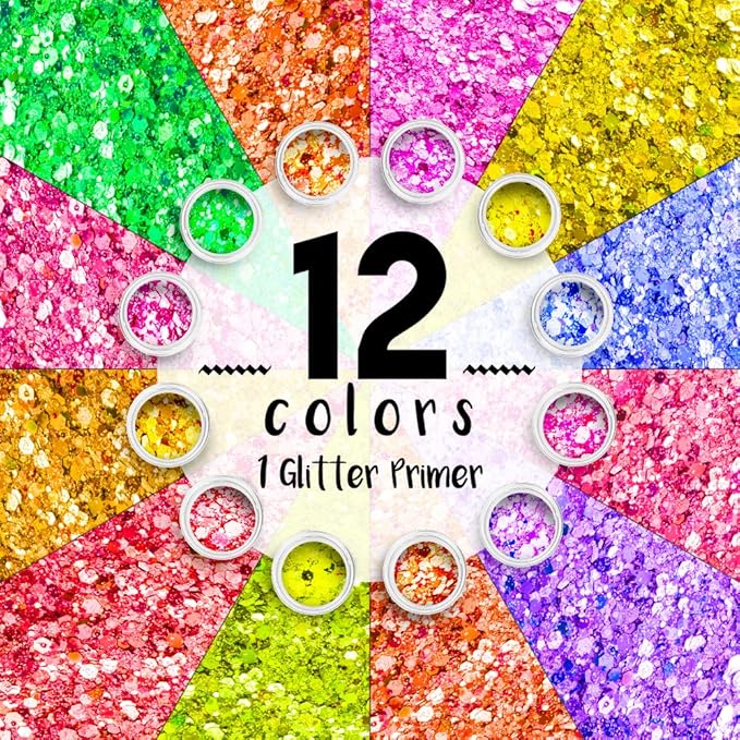 Body Glitter Set for Face & Hair – 12 Neon Colors Chunky Holographic Festival Glitter Makeup with Glue – Rave, Concert, Euphoria Looks, Cosmetic Grade Glitter