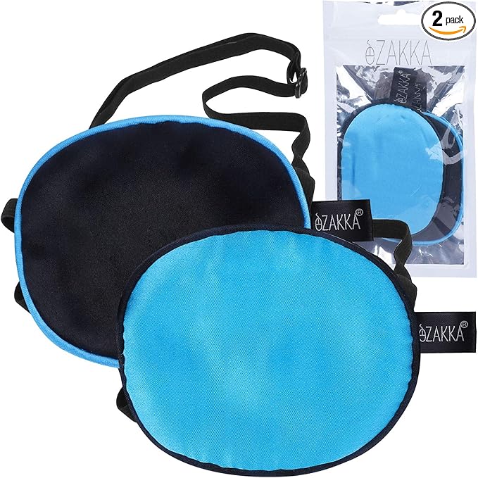 eZAKKA 2 Pieces Silk Eye Patch Medical Eye Patch for Adult Women Elastic Lazy Adjustable Single Eyepatch with Elastic Strap (L, Blue+Black)