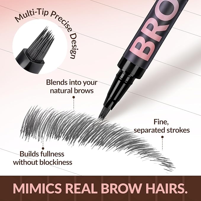 BEPHOLAN Liquid Faux Eyebrow Pen 4D Brush-Tip, Hair-Like Brush Tip Filling Eyebrow Pen,Eye Brow Pencils Waterproof Brow Makeup, Last All-Curved Tip for Natural Fuller-Looking Brows(Grey)