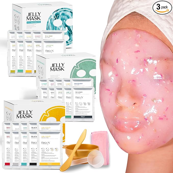 BRÜUN Jelly Mask Bundle of 24 Different Treatment Flavors - Spa Set of Rubber Peel off 30 Masks for Teenagers, Men and Women