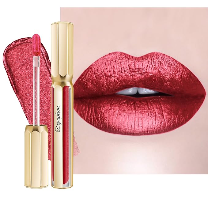 Depuplum Red Lipsticks for Women Metallic Lipstick Long Lasting Shimmer Lip Gloss Metal Shine Glitter Waterproof Lipsticks Full Coverage Lip Color for Mother's Day,DP105 Red Riot