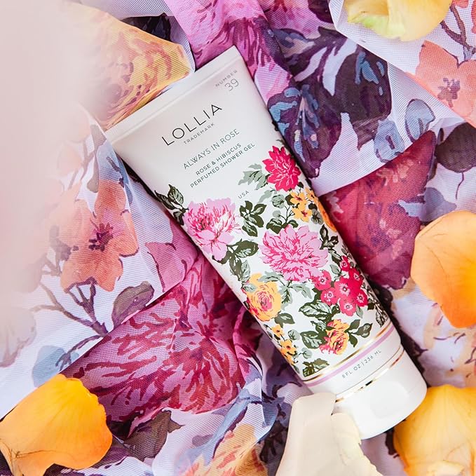 LOLLIA Always In Rose Shower Gel, 8 fl. oz., Luxury Moisturizing Body Wash for Women, Lightly Rose & Hibiscus Scented Liquid Soap