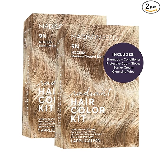 Madison Reed Radiant Hair Color Kit - 9N Medium Neutral Blonde (Nocera Blonde), Dimensional Gray Hair Blending Permanent Hair Dye, PPD-Free & Ammonia-Free, 2 Pack