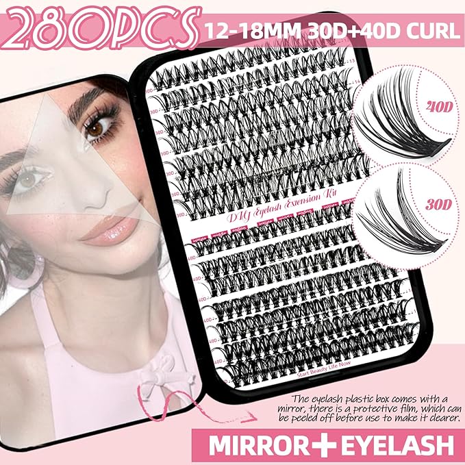 QUKLOGEN DIY Wispy Lash Extension Kit 570Pcs D Curl 6 styles Individual Lash Clusters Eyelash Extension with Lash Bond and Seal,Quick Glue Remover Tweezers Eyelash Brush Mini Applicator
