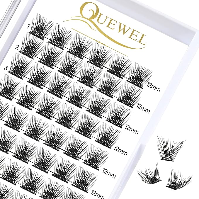 QUEWEL Lash Clusters 72 Pcs Wide Stem Individual Lashes C/D Curl 8-16mm Length DIY Eyelash Extension False Eyelashes Soft for Personal Makeup Use at Home (Fluffy-C-12)