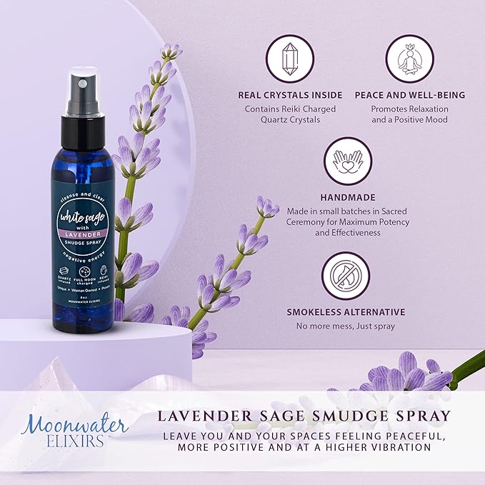 White Sage Smudge Spray for Spiritual Cleansing & Aura Protection, Sage & Lavender Smudging Spray - Cleansing Negative Energy & Protection, Moonwater Elixirs Aromatherapy Room Mist 2X 4oz