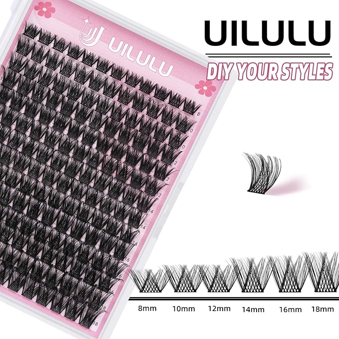 Uilulu Lash Clusters D Curl Individual Lashes 0.07D 8-18 MIX 168 Eyelashes Clusters Lashes DIY Lash Extensions at Home False Lashes Wide Band Wispy Eye Lash Clusters(04, 8-18mix)