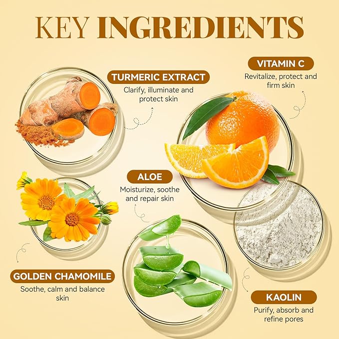 Turmeric Vitamin C Face Mask, Deep Cleansing Clay Mask for Dull Skin, Skincare Facial Mask for Refining Pores and Controlling Oil, Smooth & Radiant Skin, Face Skincare Gifts, 4.23 OZ
