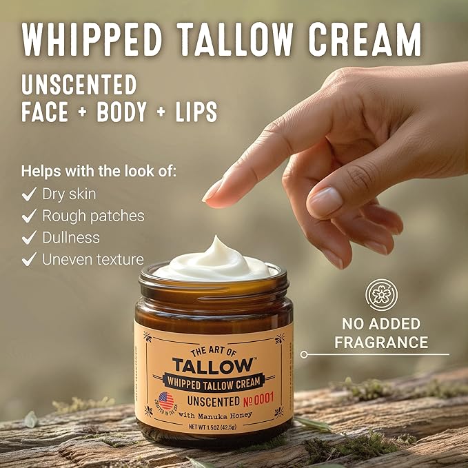 Tallow Face Moisturizer – Unscented Beef Tallow for Skin, Whipped Tallow Cream with Manuka Honey & Organic Jojoba Oil, Face Cream, Grass Fed & Finished, Made in USA, 1.5 oz